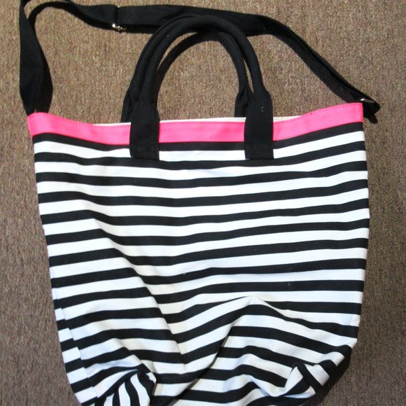 VICTORIA'S SECRET Striped Tote Bag Black White Pink Canvas 18" x 16" x 8" - Picture 2 of 4